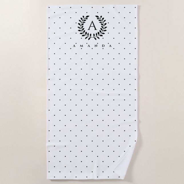 Black And White Laurel Monogram Polka Dot Pattern Strandtuch (Vorderseite)