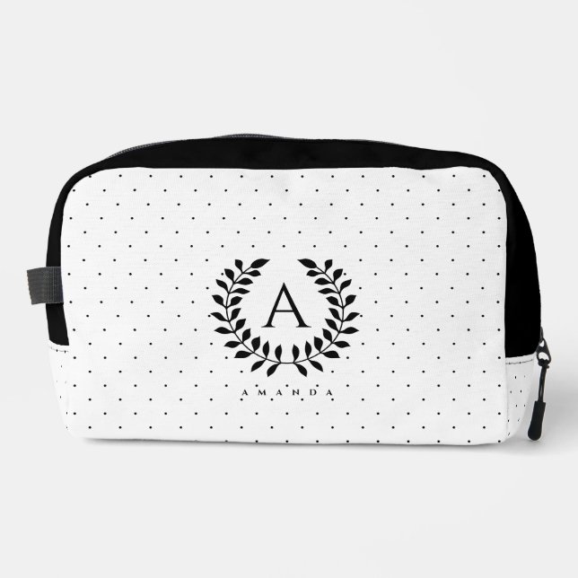 Black And White Laurel Monogram Polka Dot Pattern Waschbeutel (Vorderseite)