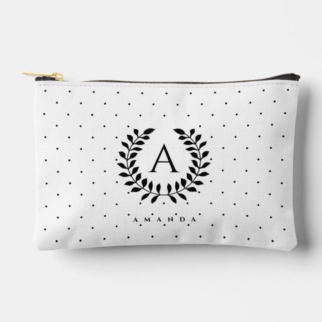 Black And White Laurel Monogram Polka Dot Pattern Zubehörtasche (Vorderseite)