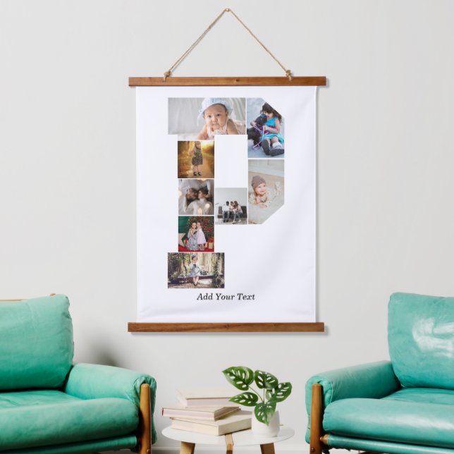 Black and White Letter P Photo Collage Wandteppich Mit Holzrahmen (Wohnzimmer)