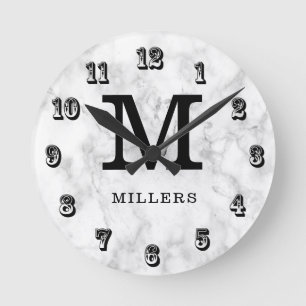 Black And White Marble Monogrammed Runde Wanduhr