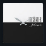 Black and White Modern Name Monogram Quadratische Wanduhr<br><div class="desc">Minimum,  Typograph,  modern black and white wall clock,  with sophisticated name at the corner.</div>