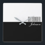 Black and White Modern Name Monogram Quadratische Wanduhr<br><div class="desc">Minimum,  Typograph,  modern black and white wall clock,  with sophisticated name at the corner.</div>