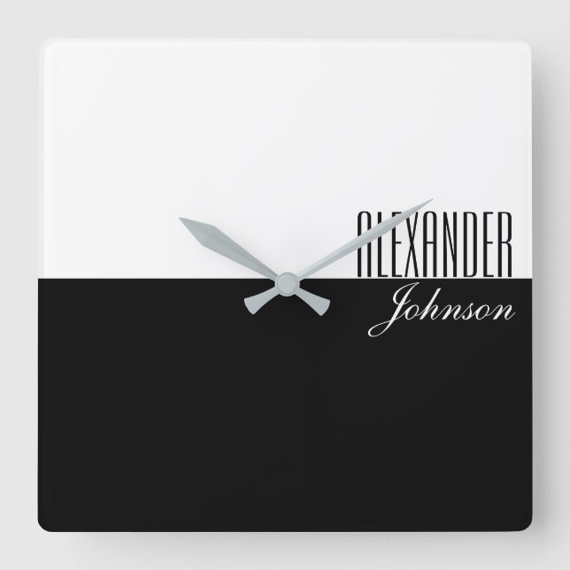 Black and White Modern Name Monogram Quadratische Wanduhr (Vorderseite)