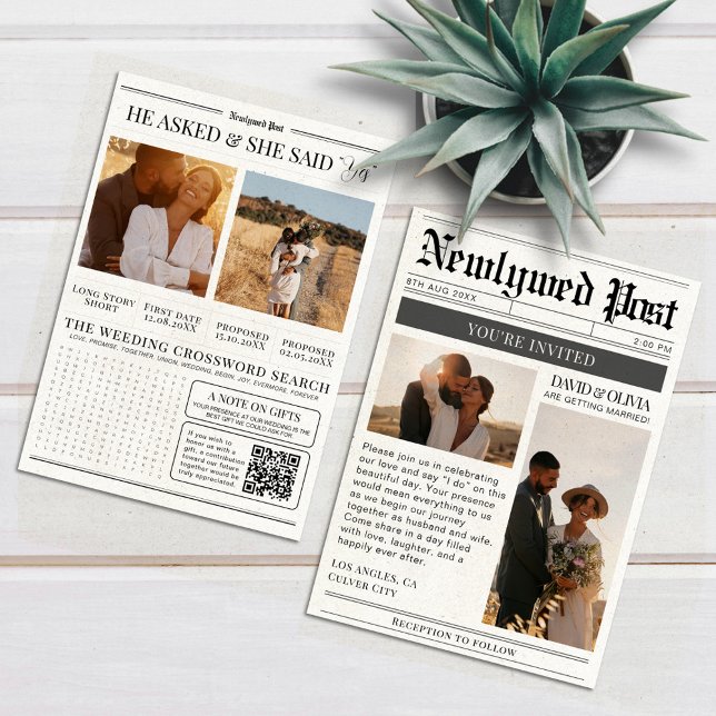 Black and White Modern Newspaper Wedding Einladung (Von Creator hochgeladen)