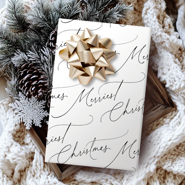Black And White Modern Script Merriest Christmas Geschenkpapier (Black And White Modern Script Merriest Christmas Wrapping Paper)