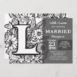 Black and White Monogram L Tattoo Flowers Wedding Einladung