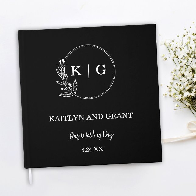 Black and White Monogram Wedbook Gästebuch (Black and white minimal simple modern wedding guestbook with floral monogram)