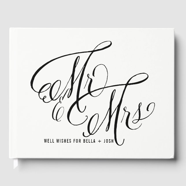Black and White Mr. & Mrs. Elegant Script Wedding Gästebuch (Vorderseite)