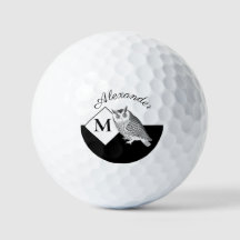 Black and White Owl Grey Monogram Name Golf Balls
