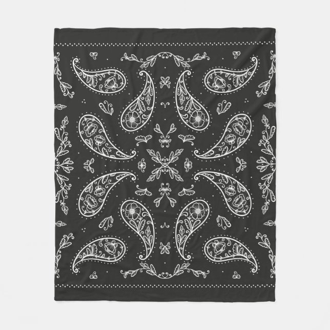 Black and White Paisley Bandana Ornament Print. Vi Fleecedecke (Vorderseite)