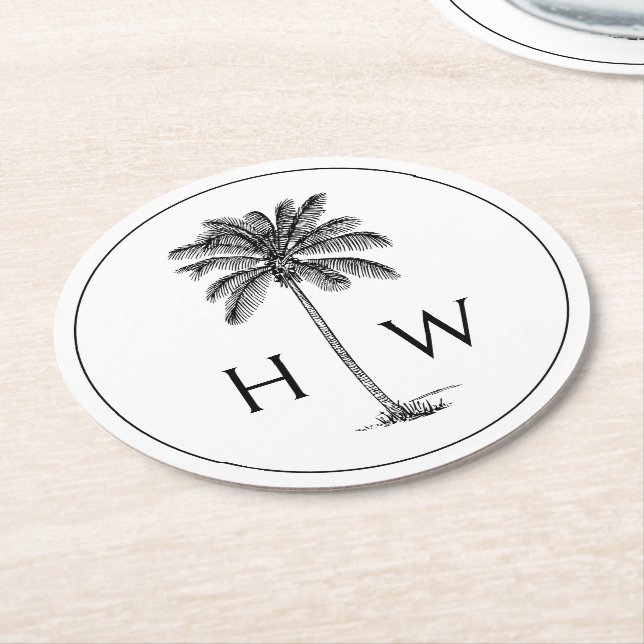 Black and White Palm Palmetto Tree Monogram Runder Pappuntersetzer (Angewinkelt)