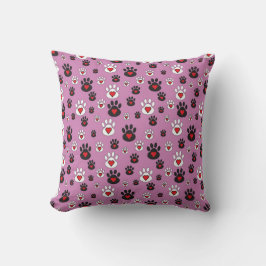 Black and white Paw Prints Red Hearts on pink Kissen