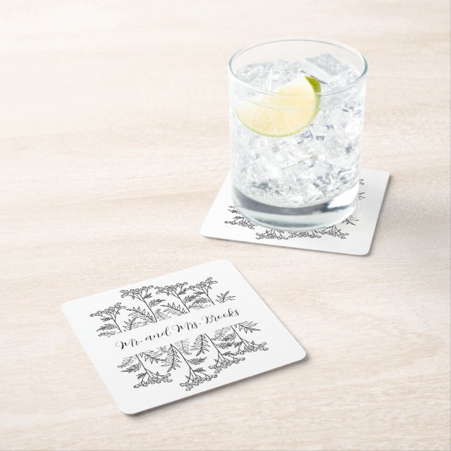 Black and White Personalized Floral Paper Coaster Rechteckiger Pappuntersetzer (Vor Ort)