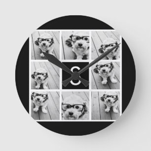 Black and White Photo Collage Custom Monogram Runde Wanduhr
