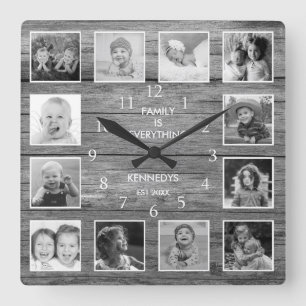 Black And White Photo Collage Family Quote Wood Quadratische Wanduhr