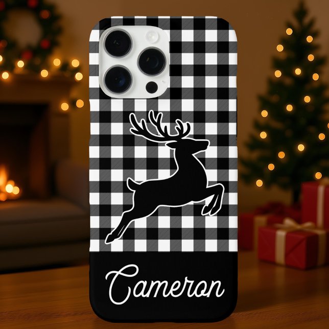 Black and White Plaid with Reindeer Custom Name Case-Mate iPhone Hülle (Von Creator hochgeladen)