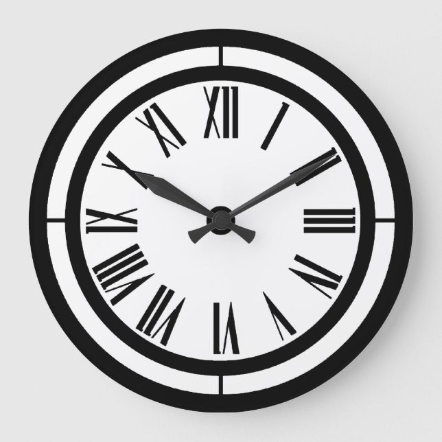 Black and White Roman Numerals Wall Clock Große Wanduhr (Vorderseite)