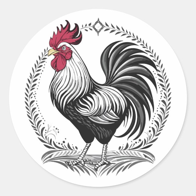 Black and white rooster runder aufkleber (Vorderseite)