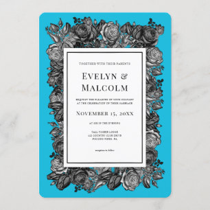 Black and White Roses Electric Blue Wedding Einladung