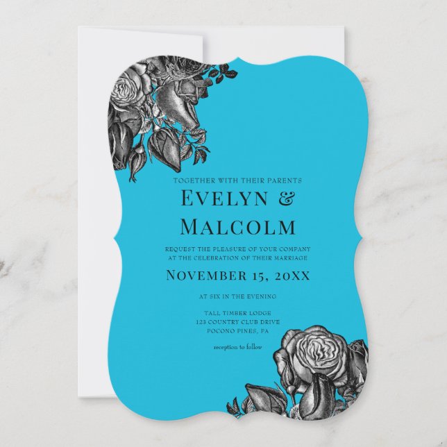 Black and White Roses Electric Blue Wedding Einladung (Vorderseite)