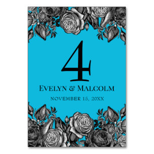 Black and White Roses Electric Blue Wedding Tischnummer