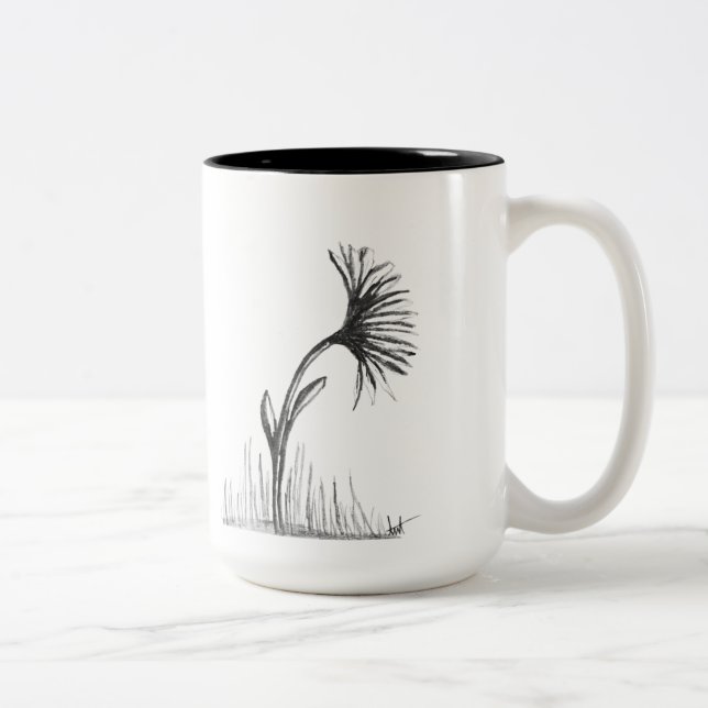 Black and White Sketch of Flower on coffee mug Zweifarbige Tasse (Rechts)