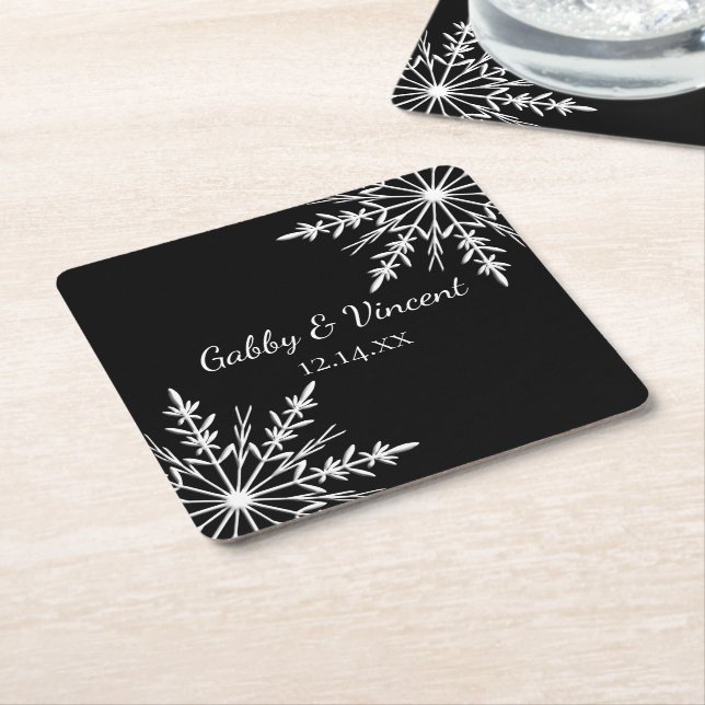 Black and White Snowflakes Winter Wedding Rechteckiger Pappuntersetzer (angewinkelt)
