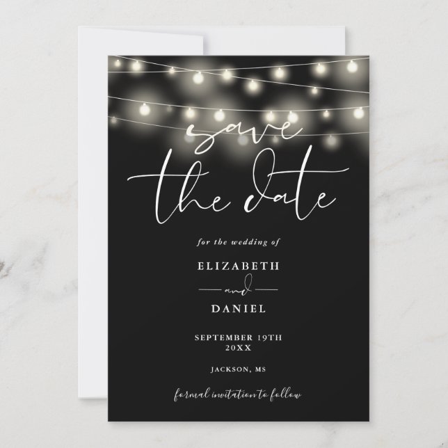 Black And White String Lights QR Code Wedding Save The Date (Vorderseite)