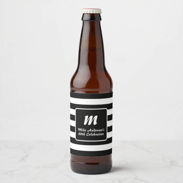 Black and White Stripe Monogram Bierflaschenetikett (Vorderseite)