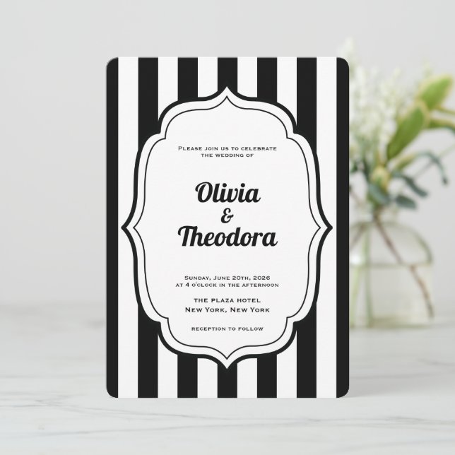 Black and White Stripe wedding invitation Einladung (Stehend Vorderseite)