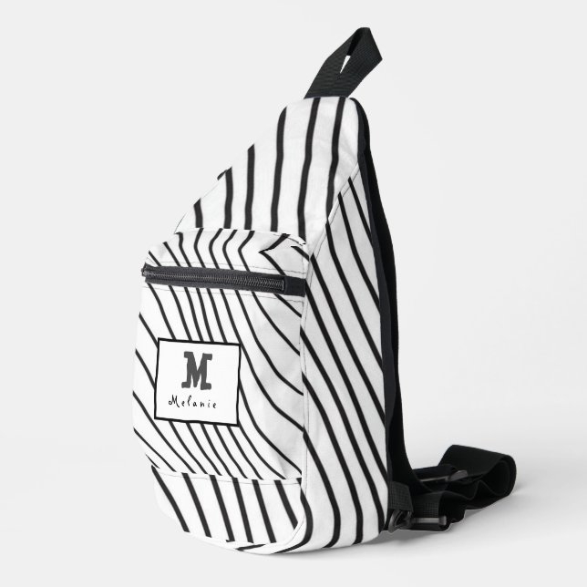 Black and white striped Abstract minimal Monogram  Crossbody Bag (Rechte Ecke)