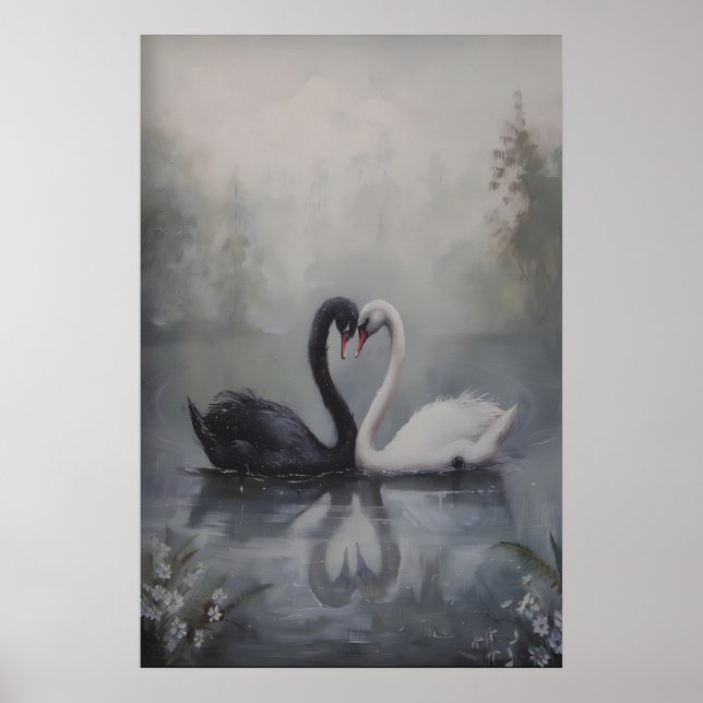 Black and White Swans in Misty Lake Dark Poster (Vorne)