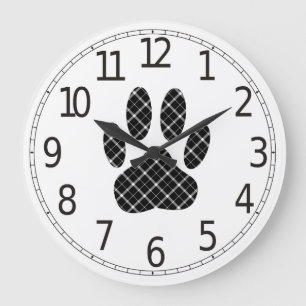 Black And White Tartan Paw Print Große Wanduhr