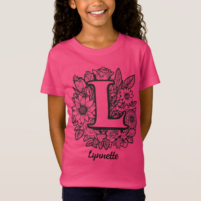 Black and White Tattoo Flowers Monogram Letter L T-Shirt (Vorderseite)