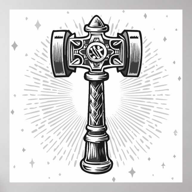 Black and white Thor's Hammer Mjolnir Poster (Vorne)