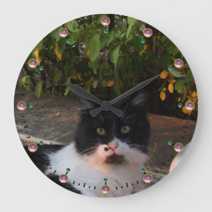 BLACK AND WHITE TURKISH CAT PIERO,Pink Gemstones Große Wanduhr