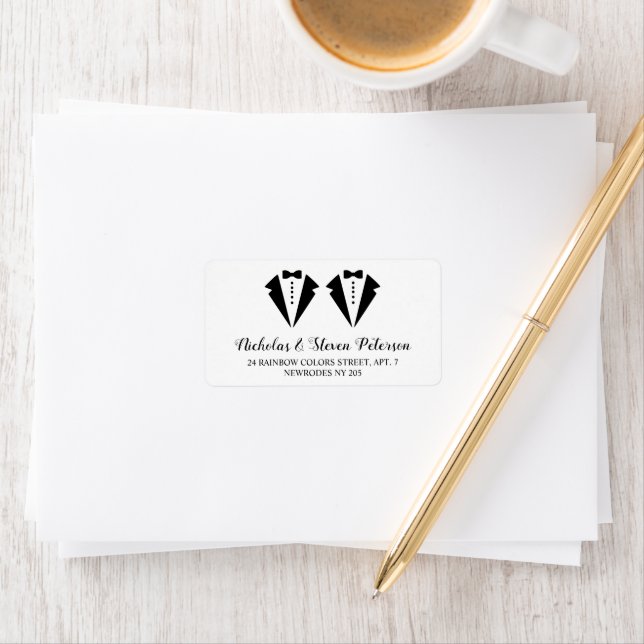 Black and white tuxedo two grooms gay wedding adressaufkleber (Insitu)