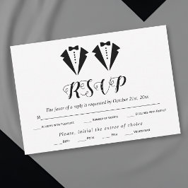 Black and white tuxedo two grooms gay wedding RSVP karte