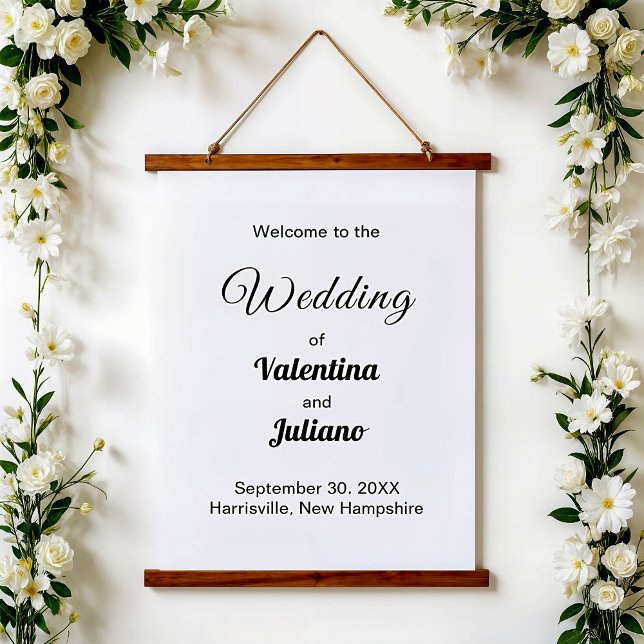 Black and White Typography Wedding Wandteppich Mit Holzrahmen (Typography style black and white wedding hanging tapestry)