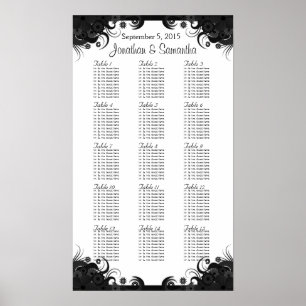 Black and White Wedding 15 Tables Seating Charts Poster