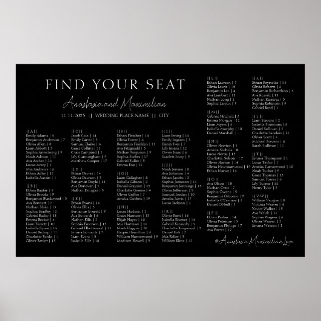 Black and White Wedding Alphabetical Seating Chart Poster (Vorne)