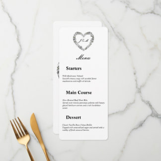 Black and white wedding menu with floral heart menükarte