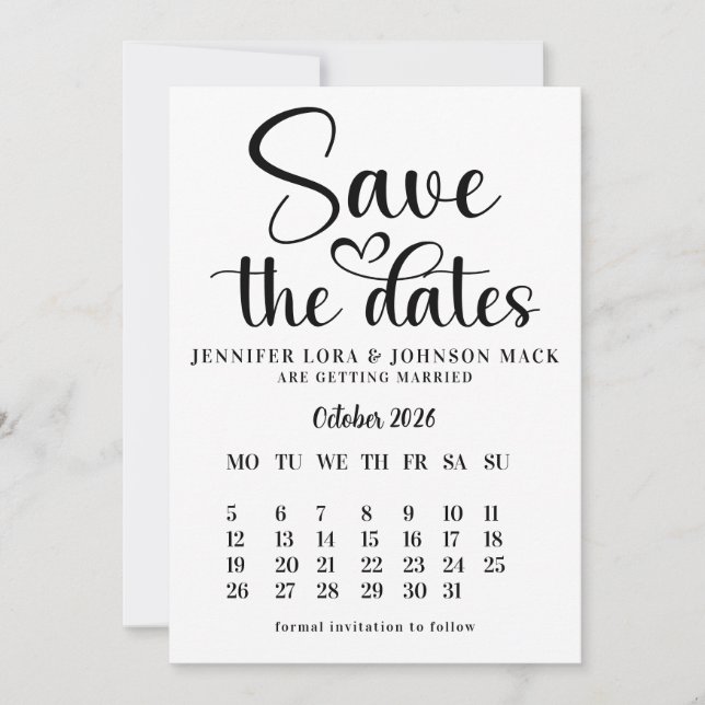 black and white wedding save the dates Calendar  Einladung (Vorderseite)
