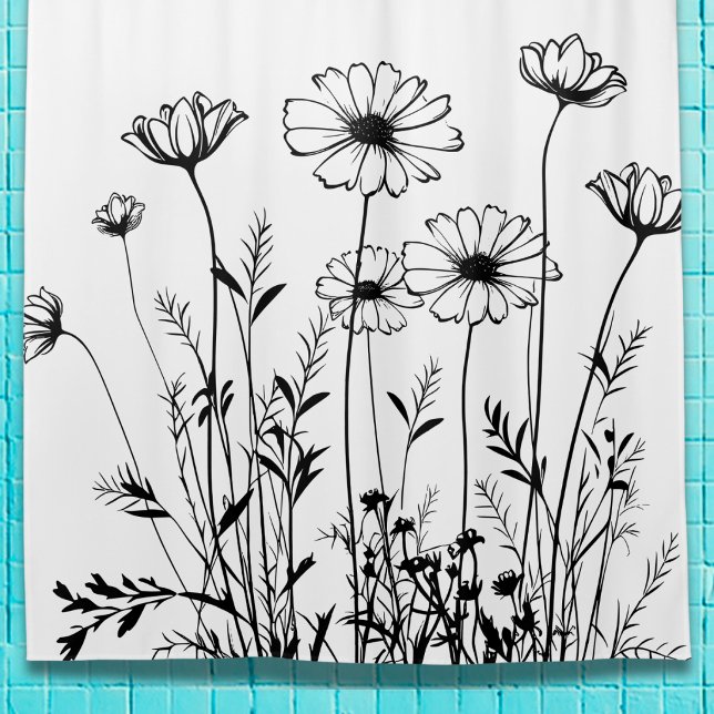 Black And White Wildflowers Line Art Floral Duschvorhang (Von Creator hochgeladen)