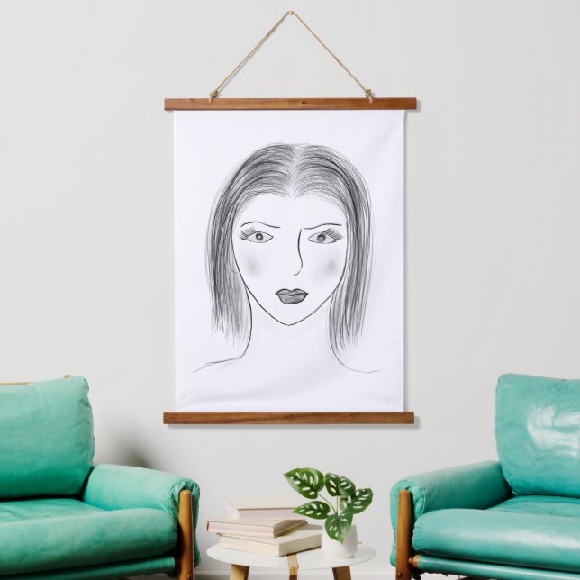 Black and White Woman Face Sketch for Gallery Wall Wandteppich Mit Holzrahmen (Wohnzimmer)