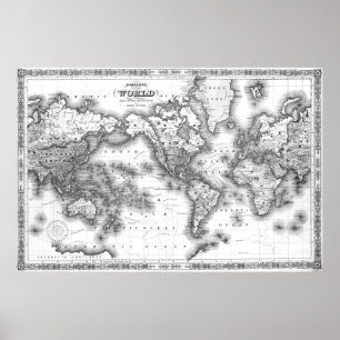 Black and White World Map (1864) 2 Poster