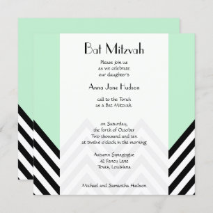 Black and White Zigzag Pattern, Green, Bat Mitzvah Einladung