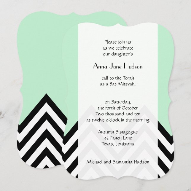 Black and White Zigzag Pattern, Green, Bat Mitzwa Einladung (Vorne/Hinten)