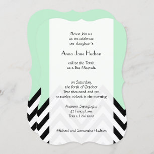Black and White Zigzag Pattern, Green, Bat Mitzwa Einladung